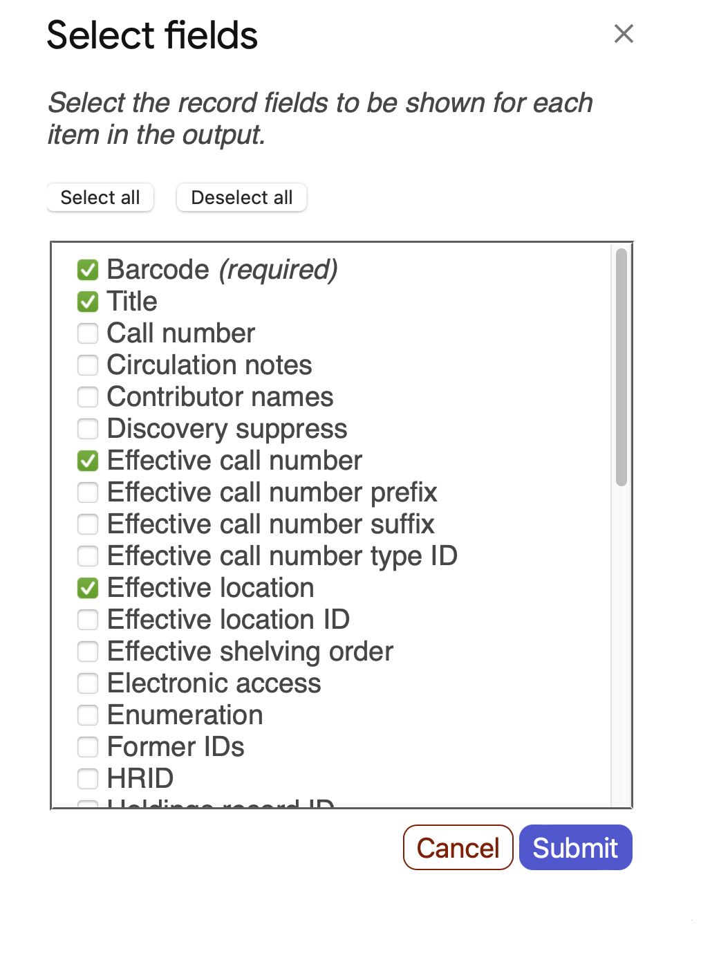 The dialog for selecting the record fields to show in the output spreadsheets