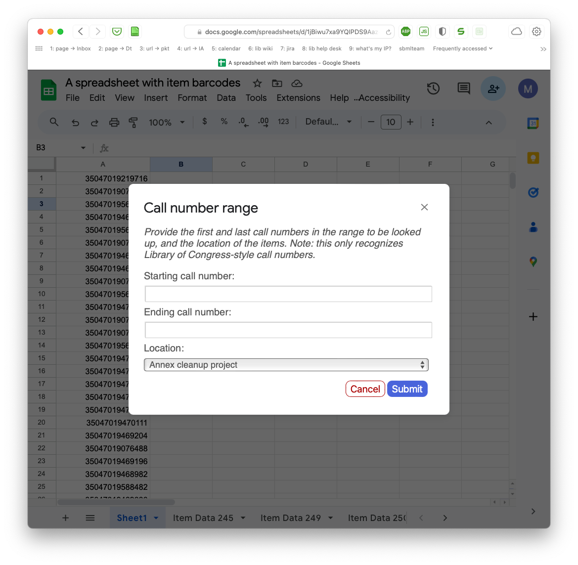 The dialog for entering starting and ending call numbers