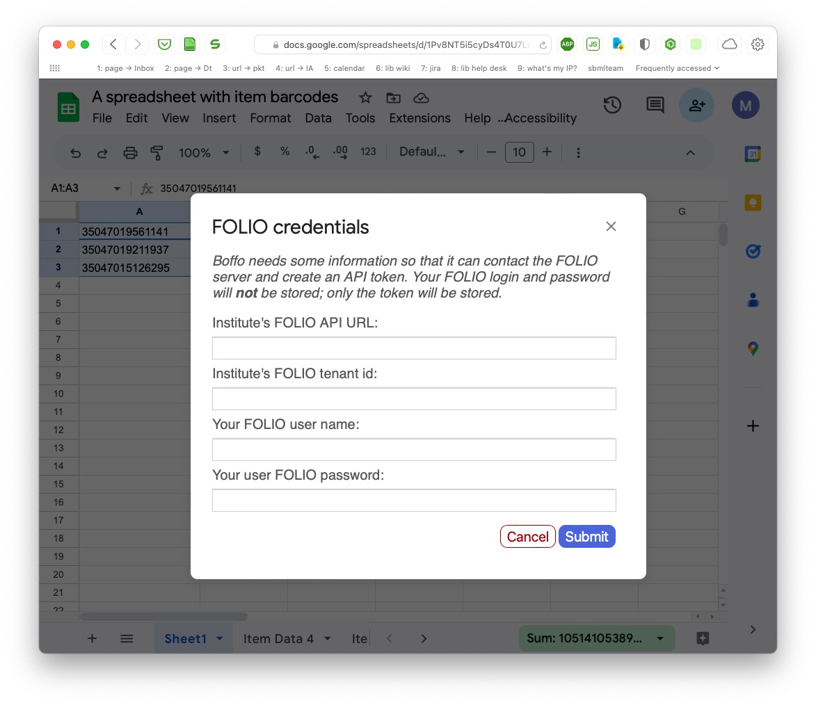 The dialog for entering FOLIO user credentials