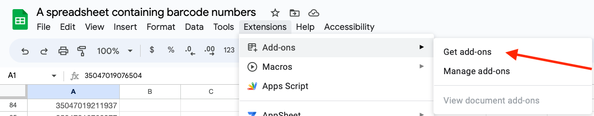 The location of the extensions menu in Google sheets