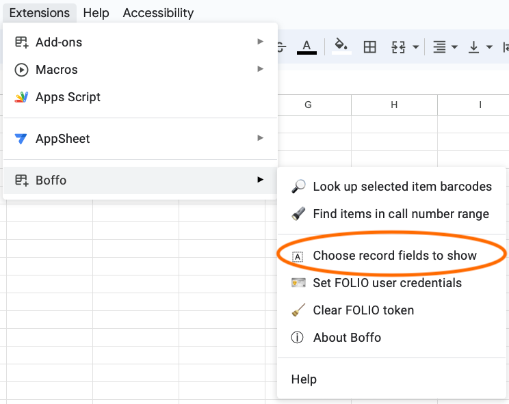 The menu item to choose record fields to show in the output spreadsheets