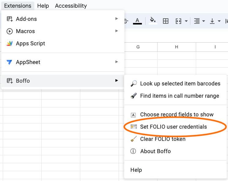 The menu item for (re)setting FOLIO user credentials