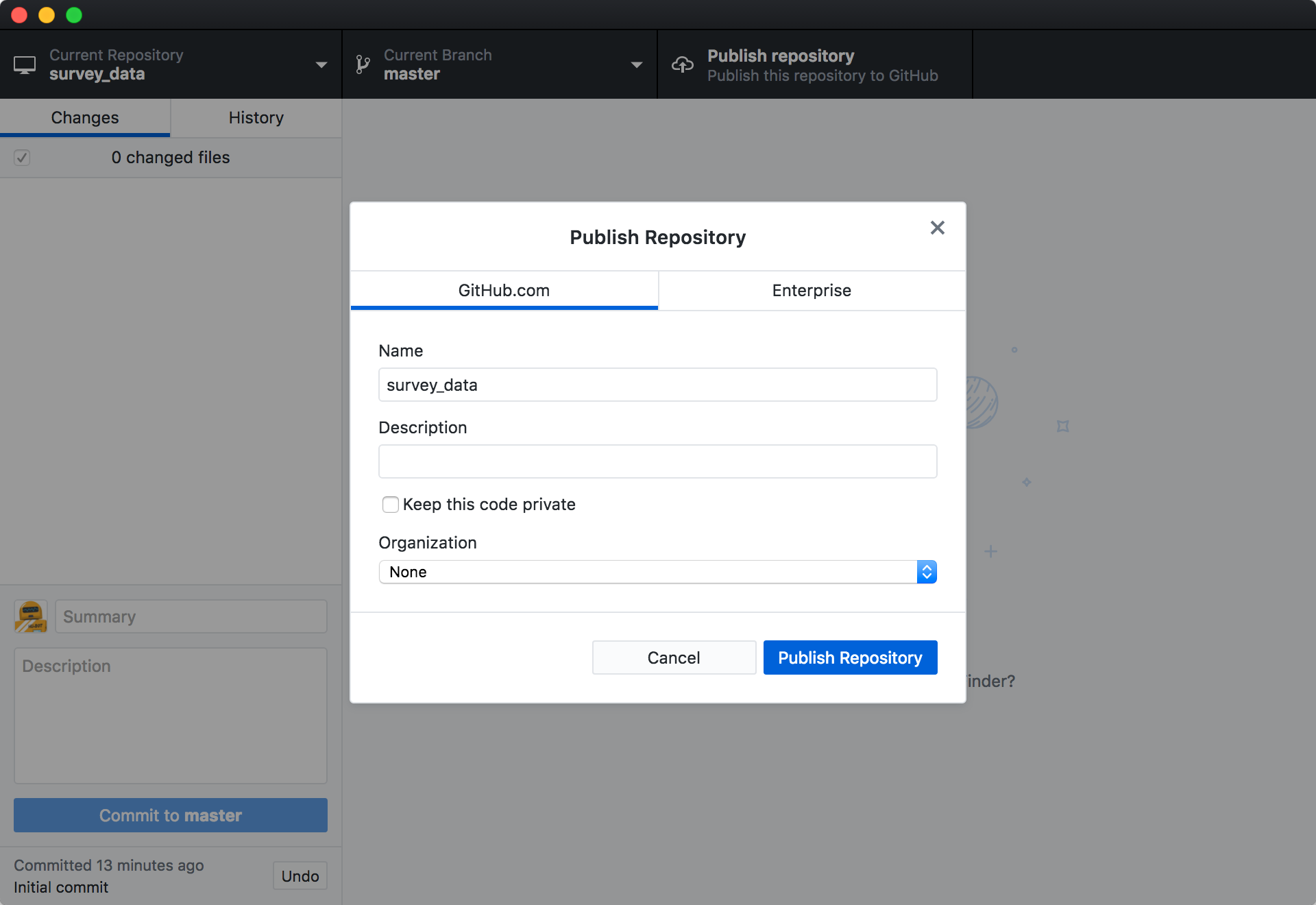 Publish Repository pop-up window